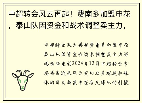 中超转会风云再起！费南多加盟申花，泰山队因资金和战术调整卖主力，海港面临重创