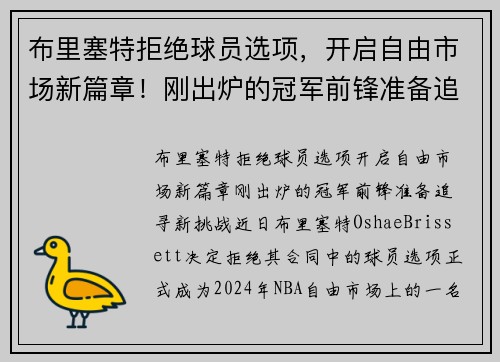 布里塞特拒绝球员选项，开启自由市场新篇章！刚出炉的冠军前锋准备追寻新挑战