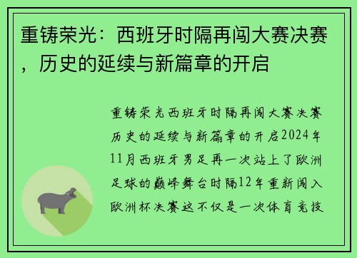 重铸荣光：西班牙时隔再闯大赛决赛，历史的延续与新篇章的开启