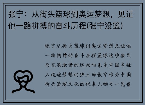 张宁：从街头篮球到奥运梦想，见证他一路拼搏的奋斗历程(张宁没篮)