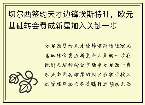 切尔西签约天才边锋埃斯特旺，欧元基础转会费成新星加入关键一步