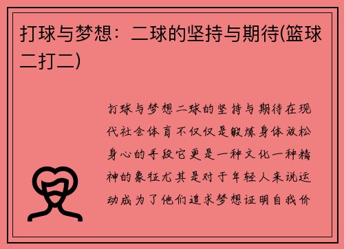 打球与梦想：二球的坚持与期待(篮球二打二)