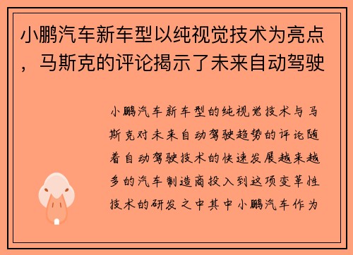 小鹏汽车新车型以纯视觉技术为亮点，马斯克的评论揭示了未来自动驾驶的趋势
